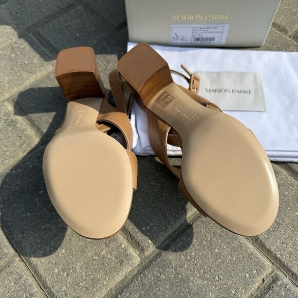 Marion Parke Maren Block Heel Napa Caramel White Stitching NIB $595 Size US 8.5 - Picture 8 of 11